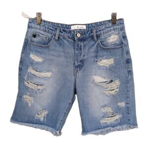 KANCAN Light Wash Bermuda Jean Short Rigid Denim Distressed Women's Medium